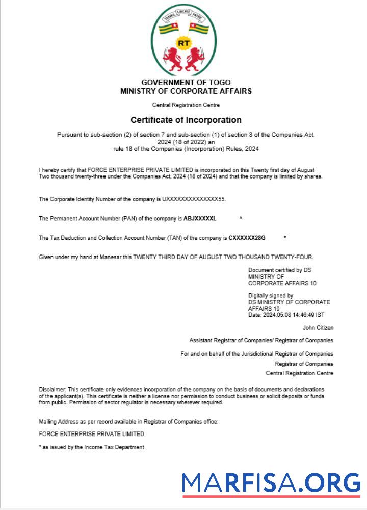 Blank Togo business registration certificate Word and PDF template